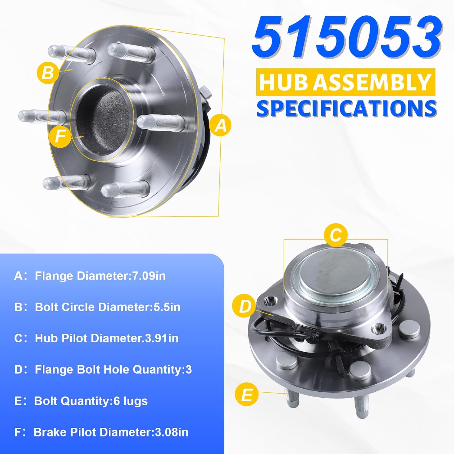 2 x 515053 Front Wheel Bearing Hub Assembly with 6 Lug ABS Compatible with Cadillac Escalade 2002-2006, Fit for Chevrolet Avalanche 1500 2002-2006, Fit for GMC Savana 1500 2003-2008